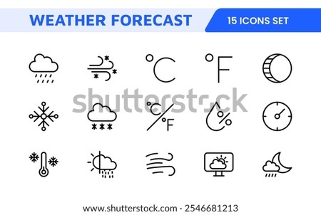 Weather Forecast Icon Set. Bright and dynamic icons for accurate weather reporting, perfect for enhancing apps, websites, and digital platforms Vector icons.