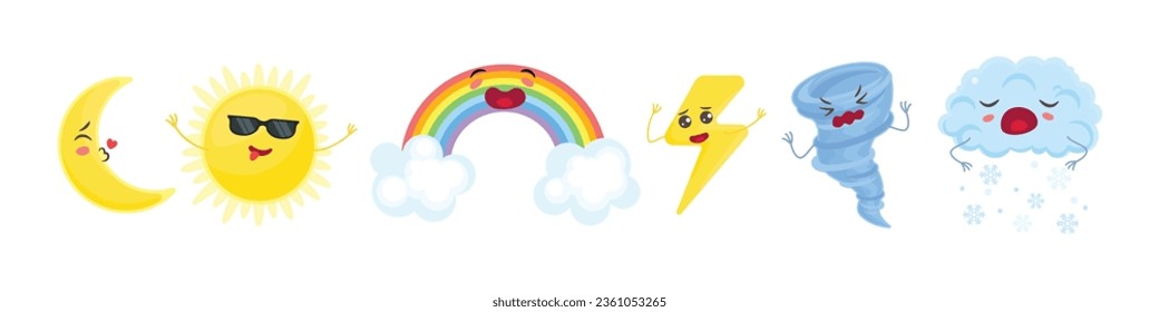 Weather forecast icon set in cartoon style. Clouds, sun, moon, rain, thunderstorm, snow, rainbow. Cute wheather emoticon.