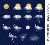 Weather forecast icon set with cloud, sun, snowflakes, raindrops, lightning etc. Vector realistic illustration on transparent background.