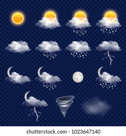 Weather forecast icon set with cloud, sun, snowflakes, raindrops, lightning etc. Vector realistic illustration on transparent background.
