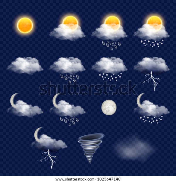 雲 太陽 雪片 雨滴 稲妻などの天気予報アイコンセット 透明な背景にベクター画像のリアルイラスト のベクター画像素材 ロイヤリティフリー