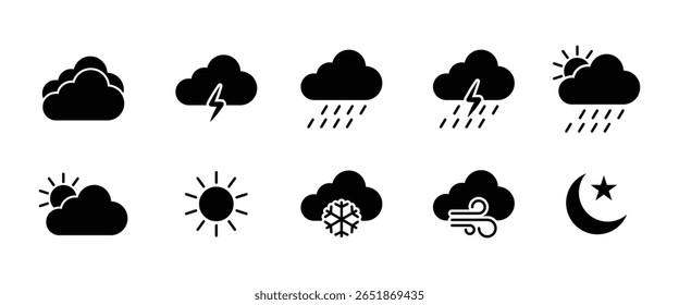 Weather forecast icon set. Collection of black filed weather icons. clouds, sunny day, moon, snowflakes, wind, Clouds logo. Weather, sun day.