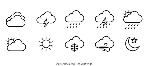 Weather forecast icon set. Collection of black outline weather icons. clouds, sunny day, moon, snowflakes, wind, Clouds logo. Weather, sun day.