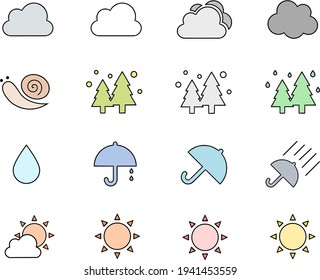 Weather forecast icon set. Colorful illustrations of sunny, cloudy, rainy, hay fever, rainy season, umbrellas and more.