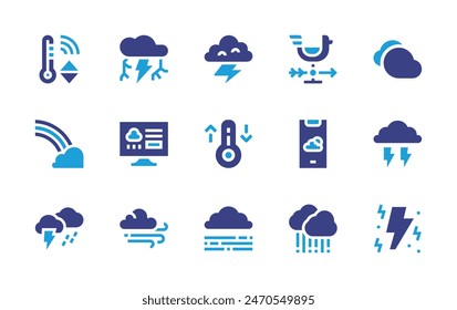 Weather forecast icon set. Duotone color. Vector illustration. Containing weatherforecast, weatherapp, thunderbolt, wind, rainbow, thunder, fog, raining, temperature, storm. 