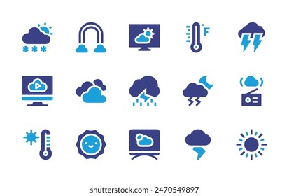 Weather forecast icon set. Duotone color. Vector illustration. Containing cloud, weatherforecast, forecast, sun, storm, thunderstorm, rain, snow, fahrenheit, rainbow, thermometer. 