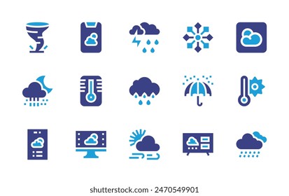 Weather forecast icon set. Duotone color. Vector illustration. Containing weatherforecast, cloudy, thermometer, rain, thunderstorm, snowflakes, umbrella, heavyrain. 