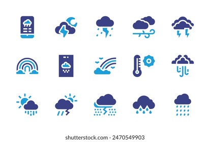 Weather forecast icon set. Duotone color. Vector illustration. Containing rain, weatherforecast, thunder, wind, rainbow, blizzard, storm, thermometer, thunderstorm. 