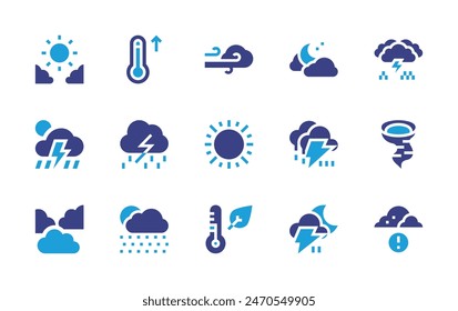 Wetter-Forecast-Symbolsatz. Zweitonfarbe. Vektorillustration. Inklusive Wetter, Sturm, Gewitter, Nacht, Tag, Herbst, Nieselregen, Sonne, Wolken, Wind, Donner, hohe Temperaturen, Tornado. 