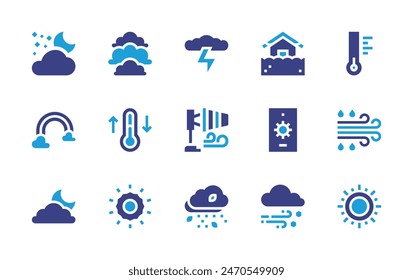 Weather forecast icon set. Duotone color. Vector illustration. Containing temperature, blizzard, weatherforecast, storm, sun, cloud, cloudy, moistureladenwind, thermometer, snow, wind, moonandstars.