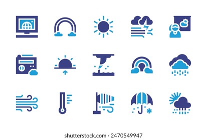 Weather forecast icon set. Duotone color. Vector illustration. Containing weatherforecast, meteorology, news, sunrise, rain, snowy, wind, thermometer, waterspout, windstorm, rainbow, windsock.