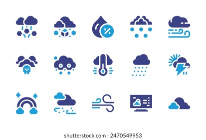 Weather forecast icon set. Duotone color. Vector illustration. Containing wind, extremeweather, weather, storm, hail, snow, temperature, snowfall, humidity, windy, rainbow, clouds. 