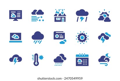 Weather forecast icon set. Duotone color. Vector illustration. Containing weatherforecast, sun, thunderstorm, rainy, wind, laptop, snowy, calendar, blizzard, radio, thunder, storm, hottemperature. 