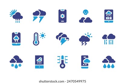 Weather forecast icon set. Duotone color. Vector illustration. Containing rain, thunderstorm, weatherforecast, weatherapp, weather, storm, thermometer, rainy, killerfog, cloud, sleet. 