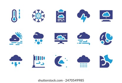 Weather forecast icon set. Duotone color. Vector illustration. Containing thunder, report, weatherforecast, weather, haze, snowflake, storm, coldwave, night, snowfall, rain, windsocket, wind, moon.