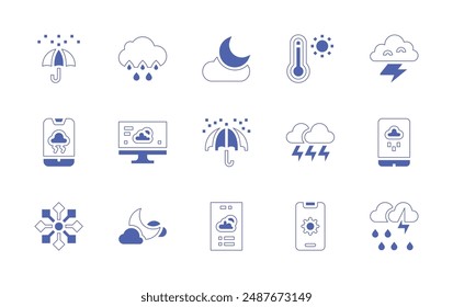 Conjunto de iconos de previsión de Clima. Trazo de línea de estilo duotono y negrita. Ilustración vectorial. Conteniendo weatherapy, Clima, tormenta, relámpago, lluvia, termómetro, copos de nieve, paraguas, luna.