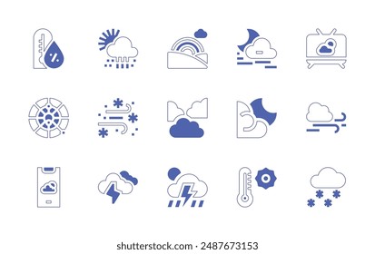 Weather forecast icon set. Duotone style line stroke and bold. Vector illustration. Containing weatherapp, humidity, snowy, storm, climatology, thunderstorm, clouds, blizzard, rainbow.