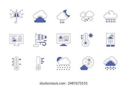 Weather forecast icon set. Duotone style line stroke and bold. Vector illustration. Containing weatherforecast, clouds, rainynight, thermometer, windsock, drizzle, temperature, umbrella.