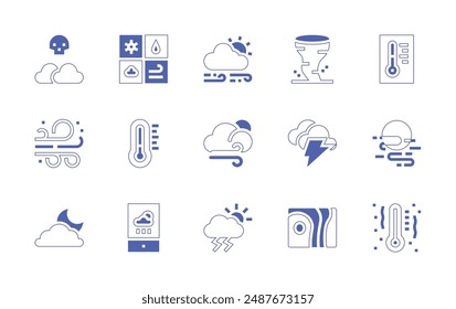 Conjunto de iconos de previsión de Clima. Trazo de línea de estilo duotono y negrita. Ilustración vectorial. Contiene pronóstico del tiempo, lluvia, tormenta, tornado, pronóstico, viento, nube, niebla asesina, viento, termómetro.