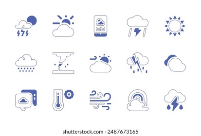 Weather forecast icon set. Duotone style line stroke and bold. Vector illustration. Containing thunderstorm, wind, weather, sun, weatherforecast, cloudyday, storm, cloudy, rainbow.