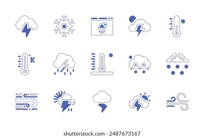 Weather forecast icon set. Duotone style line stroke and bold. Vector illustration. Containing thunder, weather, hightemperature, storm, kelvin, snowflake, thunderstorm, wind, hail.