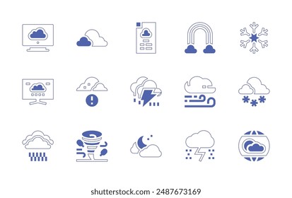 Weather forecast icon set. Duotone style line stroke and bold. Vector illustration. Containing weatherforecast, forecast, weatherapp, inclementweather, thunderstorm, rainbow, windy, clouds.