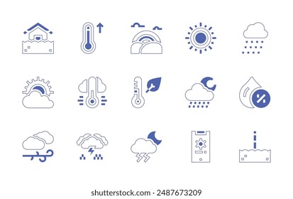 Weather forecast icon set. Duotone style line stroke and bold. Vector illustration. Containing weatherforecast, thunderstorm, rainbow, sun, pole, snow, autumn, rainynight, humidity.