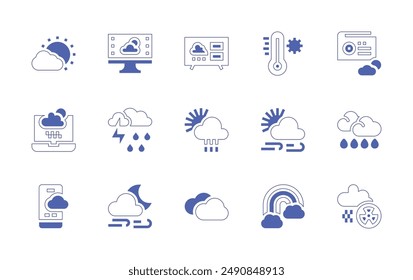 Weather forecast icon set. Duotone style line stroke and bold. Vector illustration. Containing cloudy, weatherforecast, rainy, rain, thunderstorm, radio, acidrain, rainbow, hottemperature.