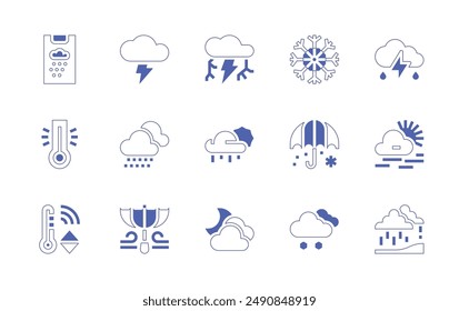 Weather forecast icon set. Duotone style line stroke and bold. Vector illustration. Containing cloudy, forecast, storm, haze, snowy, snowflake, thunderstorm, umbrella, thunder, heat.