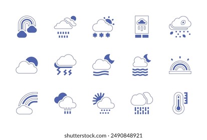 Weather forecast icon set. Duotone style line stroke and bold. Vector illustration. Containing fog, forecast, foggy, cloudy, rain, snowy, rainbow, thermometer, wind, lightning, snow.
