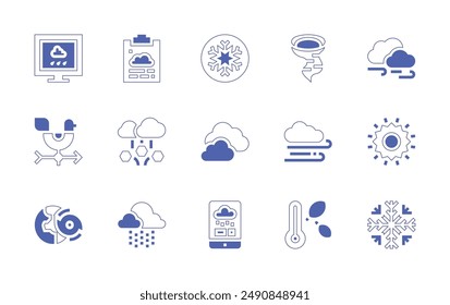 Weather forecast icon set. Duotone style line stroke and bold. Vector illustration. Containing cloudy, report, weathercock, weatherapp, weather, snowflake, drizzle, hail, hurricane.