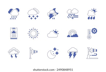 Wetter-Forecast-Symbolsatz. Linienstrich im Duotonstil und fett. Vektorillustration. Beinhaltet bewölkt, Regen, Wettervorhersage, Donner, Sonne, Nacht, Sturm, Gewitter, Schnee, Windsocke, Regenbogen, Regen