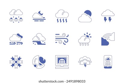 Weather forecast icon set. Duotone style line stroke and bold. Vector illustration. Containing storm, smog, news, hail, snowflake, hurricane, windy, cloud, cloudy, fog.