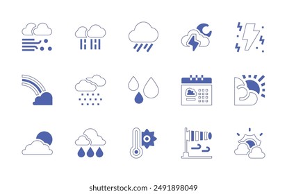 Weather forecast icon set. Duotone style line stroke and bold. Vector illustration. Containing sun, rainy, thunderbolt, rain, calendar, snow, windsocket, thunderstorm, thermometer.