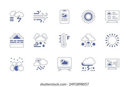 Weather forecast icon set. Duotone style line stroke and bold. Vector illustration. Containing rain, weatherforecast, weatherapp, forecast, thunderstorm, wind, snowball, fahrenheit, foggy.