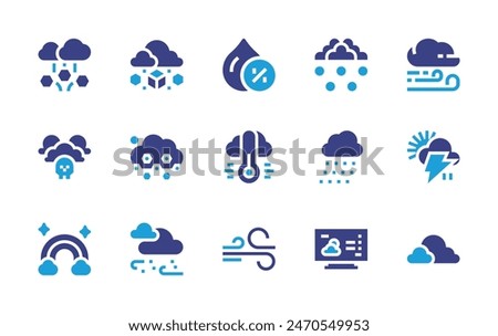 Weather forecast icon set. Duotone color. Vector illustration. Containing wind, extremeweather, weather, storm, hail, snow, temperature, snowfall, humidity, windy, rainbow, clouds. 