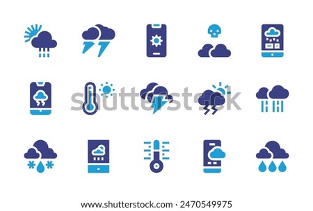 Weather forecast icon set. Duotone color. Vector illustration. Containing rain, thunderstorm, weatherforecast, weatherapp, weather, storm, thermometer, rainy, killerfog, cloud, sleet. 