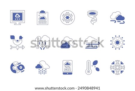 Weather forecast icon set. Duotone style line stroke and bold. Vector illustration. Containing cloudy, report, weathercock, weatherapp, weather, snowflake, drizzle, hail, hurricane.