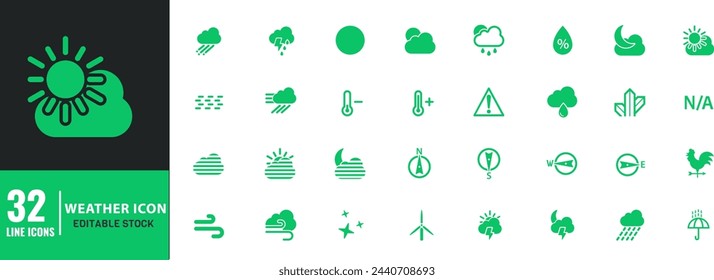 Weather Forecast Icon set editable stroke. windy, sky, snow, cloud Vector Illustration.	
