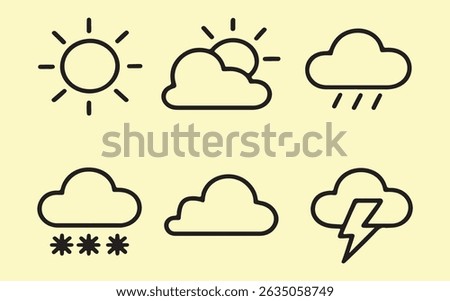 Weather forecast icon set featuring sun, clouds, rain, snow, and lightning. Black outline on a light yellow background.