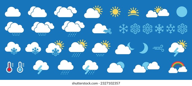 Weather forecast icon set, Weather flat icons collection. Meteorology symbols vector illustration.