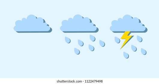 Weather forecast icon set including sunshine, storm, cloud, rain, snow and thunderstorm 