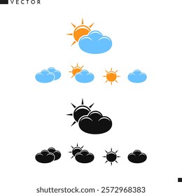 Weather forecast icon set. Isolated sun with clouds vector