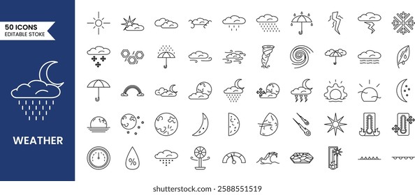 Weather forecast icon set in line style. Weather, clouds, sunny day, moon, snowflakes, wind, sun and more. Vector illustration