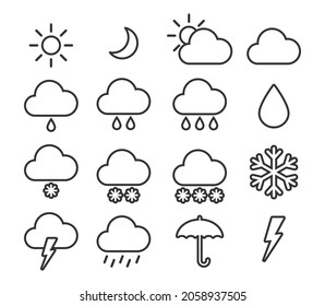 Weather forecast icon set. Meteorology vector outline symbol collection.