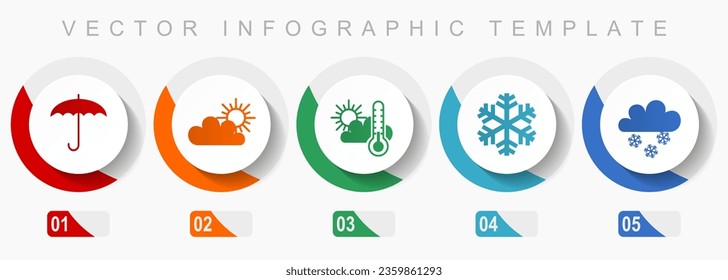 Weather forecast icon set, miscellaneous icons such as umbrella, clouds, sun and snowflake, flat design vector infographic template, web buttons in 5 color options