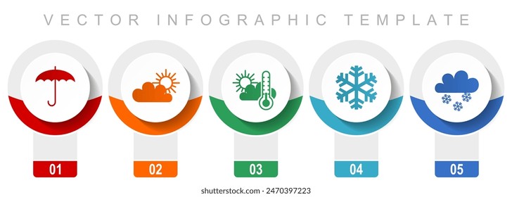 Weather forecast icon set, miscellaneous vector icons such as umbrella, clouds, sun and snowflake, modern design infographic template, web buttons in 5 color options