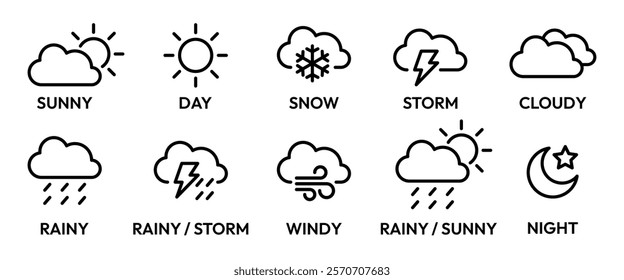 Weather forecast icon set. Rainy, storm, snow, cloudy, sunny, windy, day, night, summer, winter, line, label, collection, logo, symbol, flat vector, isolated illustration.