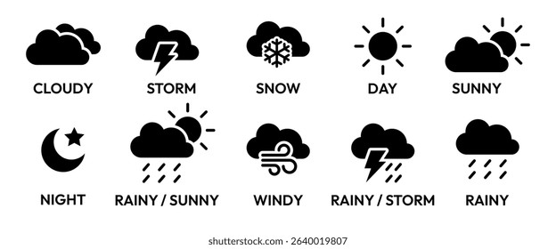 Weather forecast icon set. Rainy, storm, snow, cloudy, sunny, windy, day, night, summer, winter, line, label, collection, logo, symbol, black, flat vector, isolated illustration on white background.
