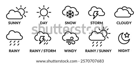 Weather forecast icon set. Rainy, storm, snow, cloudy, sunny, windy, day, night, summer, winter, line, label, collection, logo, symbol, flat vector, isolated illustration.